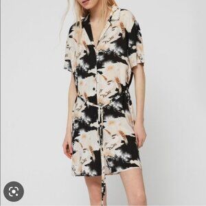 Allsaints Amia Black Cream Bird Talon Print Button Up Mini Shirt Dress